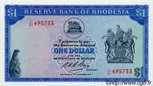 1 Dollar RODESIA  1974 P.30b FDC