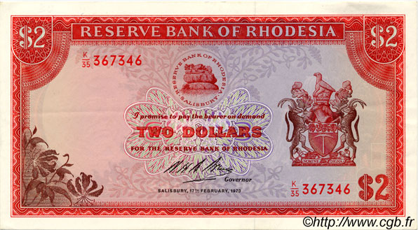 2 Dollars RHODESIEN  1970 P.31a fST