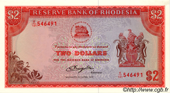 2 Dollars RHODESIA  1977 P.31b UNC