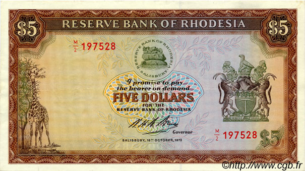 5 Dollars RODESIA  1972 P.32a SC