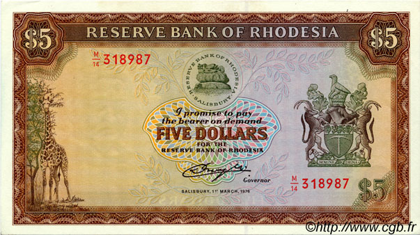 5 Dollars RHODÉSIE  1976 P.32b SPL