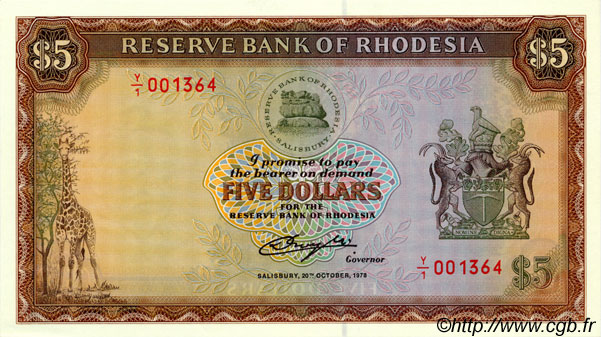 5 Dollars RHODESIA  1978 P.32b UNC-
