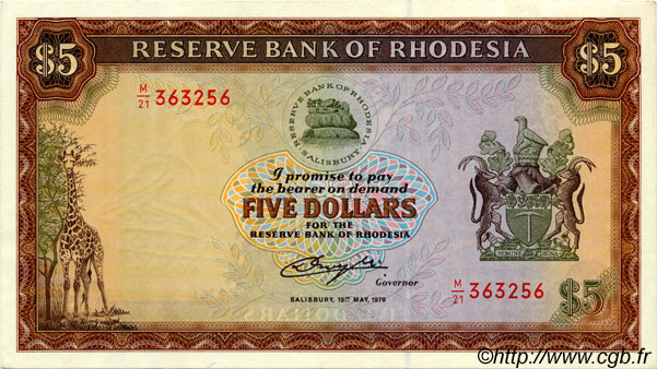 5 Dollars RHODESIEN  1979 P.32c fST