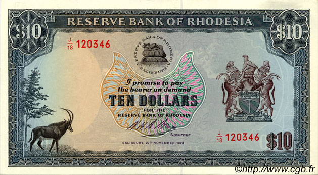 10 Dollars RHODESIA  1973 P.33e UNC-