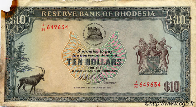 10 Dollars RHODESIA  1973 P.33f G