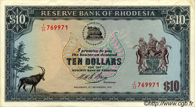 10 Dollars RHODESIA  1973 P.33f SPL