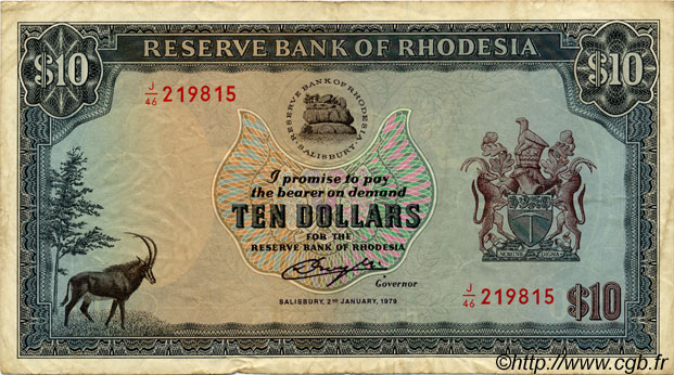 10 Dollars RHODESIA  1979 P.41a MB