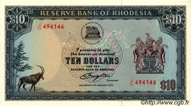 10 Dollars RHODESIEN  1979 P.41a ST