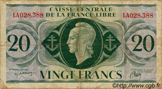 20 Francs SAINT PIERRE E MIQUELON  1943 P.12 MB