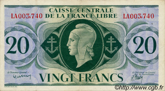 20 Francs SAINT-PIERRE UND MIQUELON  1943 P.12 fVZ