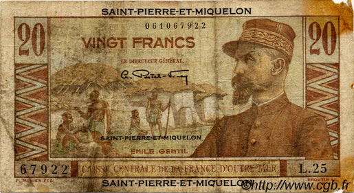 20 Francs Émile Gentil SAN PEDRO Y MIGUELóN  1946 P.24 RC