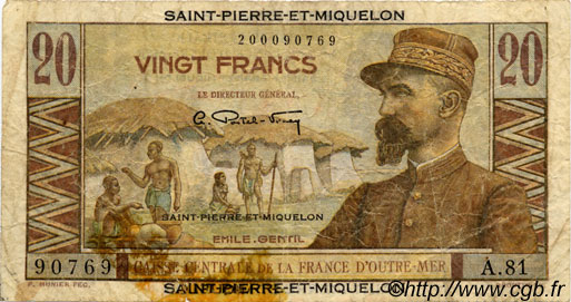 20 Francs Émile Gentil SAINT PIERRE AND MIQUELON  1946 P.24 VG
