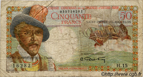 50 Francs Belain d Esnambuc SAINT PIERRE ET MIQUELON  1946 P.25 B+