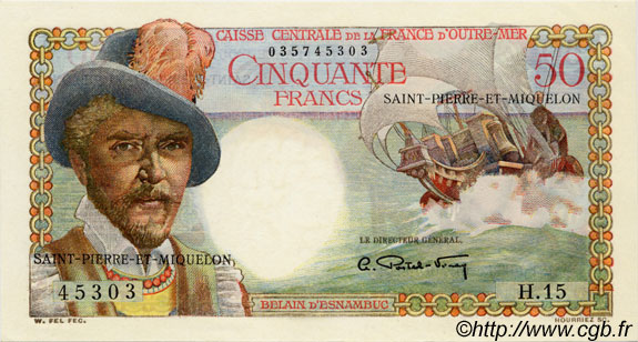 50 Francs Belain d Esnambuc SAN PEDRO Y MIGUELóN  1946 P.25 SC+