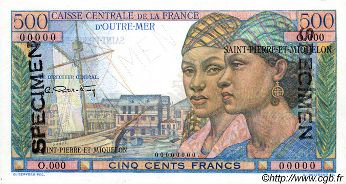 500 Francs Pointe à Pitre Spécimen SAINT-PIERRE UND MIQUELON  1946 P.27s fST+