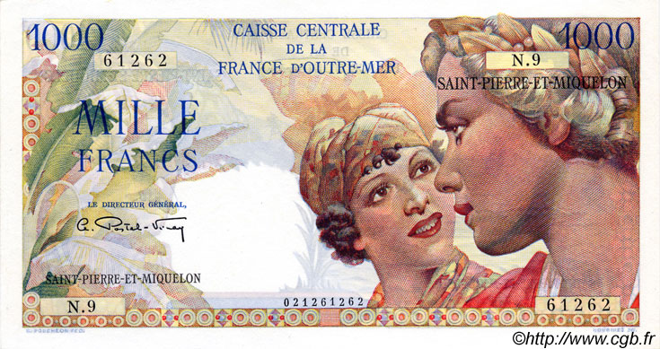 1000 Francs Union Française SAN PEDRO Y MIGUELóN  1946 P.28 SC
