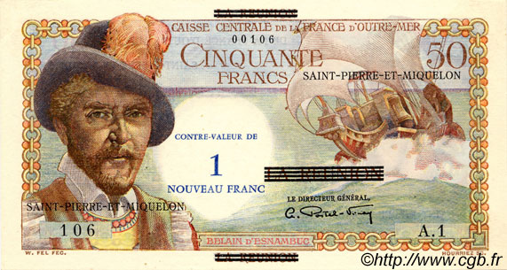 1 NF sur 50 Francs Belain d Esnambuc SAINT PIERRE E MIQUELON  1960 P.30a q.FDC