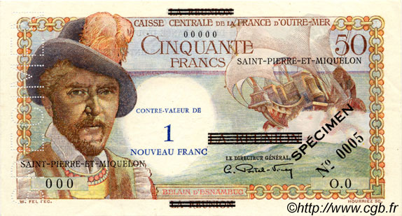 1 NF sur 50 Francs Belain d Esnambuc Spécimen SAINT PIERRE E MIQUELON  1960 P.30as q.AU