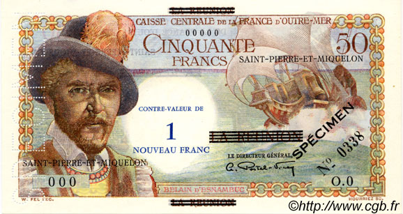 1 NF sur 50 Francs Belain d Esnambuc Spécimen SAN PEDRO Y MIGUELóN  1960 P.30as FDC
