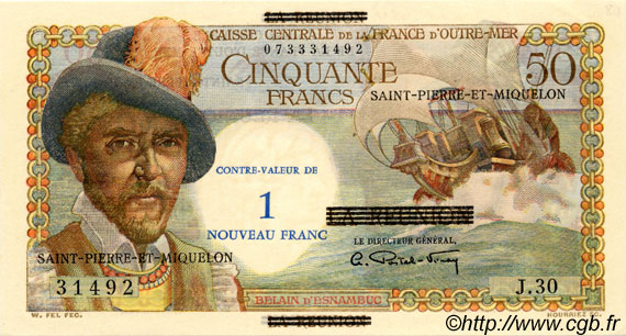 1 NF sur 50 Francs Belain d Esnambuc SAINT PIERRE E MIQUELON  1960 P.30b q.FDC
