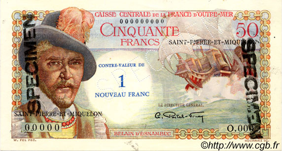1 NF sur 50 Francs Belain d Esnambuc Spécimen SAINT PIERRE E MIQUELON  1960 P.31s q.FDC