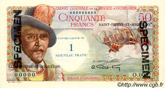 1 NF sur 50 Francs Belain d Esnambuc Spécimen SAINT-PIERRE UND MIQUELON  1960 P.31s fST+