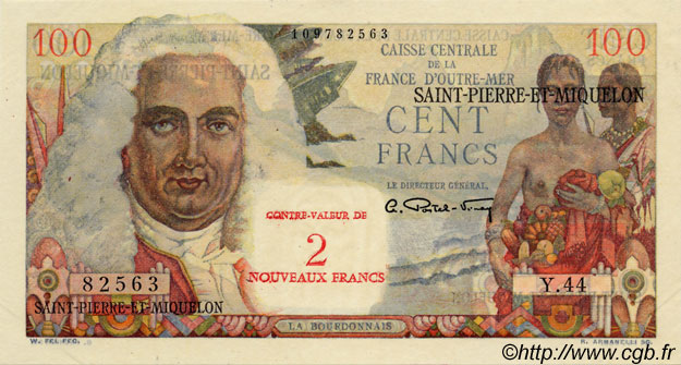 2 NF sur 100 Francs La Bourdonnais SAINT PIERRE ET MIQUELON  1960 P.32 SPL