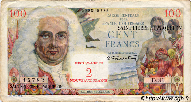 2 NF sur 100 Francs La Bourdonnais SAN PEDRO Y MIGUELóN  1960 P.32 BC+