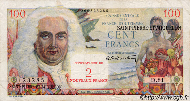 2 NF sur 100 Francs La Bourdonnais SAINT-PIERRE UND MIQUELON  1960 P.32 SS