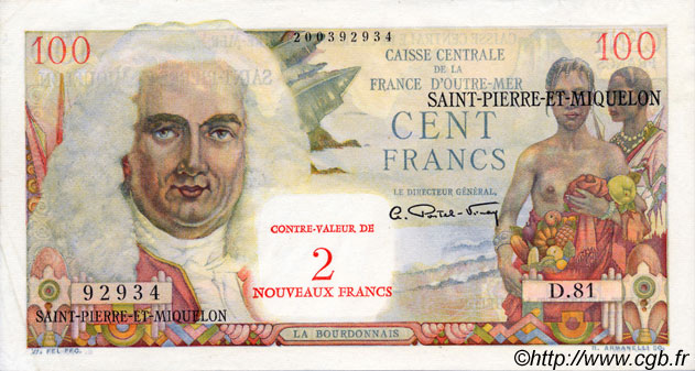 2 NF sur 100 Francs La Bourdonnais SAINT PIERRE E MIQUELON  1960 P.32 AU