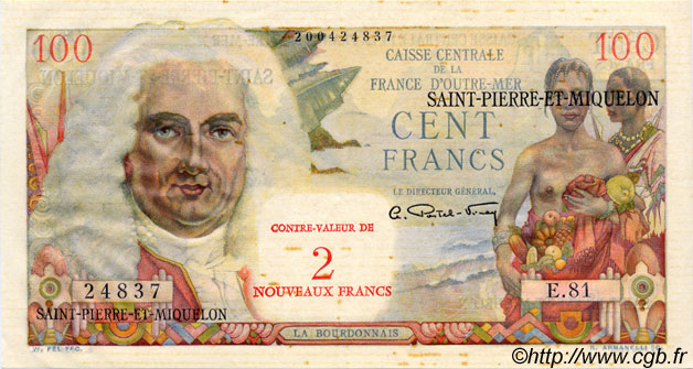 2 NF sur 100 Francs La Bourdonnais SAINT PIERRE E MIQUELON  1960 P.32 SPL