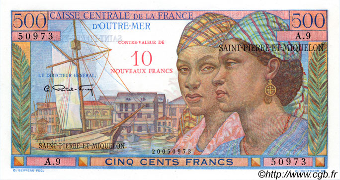 10 NF sur 500 Francs Pointe à Pitre SAINT PIERRE E MIQUELON  1960 P.33 FDC