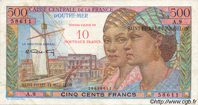 10 NF sur 500 Francs Pointe à Pitre SAINT-PIERRE UND MIQUELON  1960 P.33 fSS