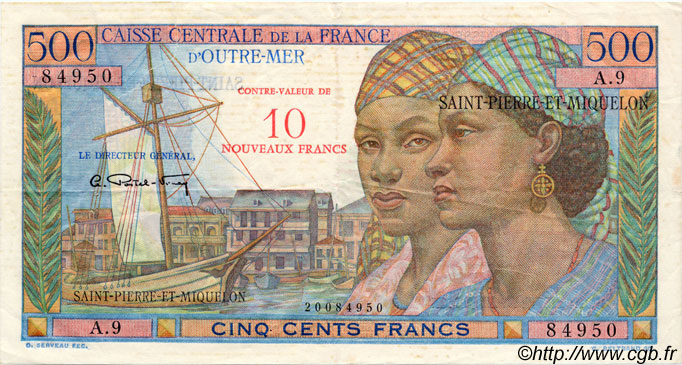 10 NF sur 500 Francs Pointe à Pitre SAINT PIERRE AND MIQUELON  1960 P.33 F+