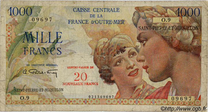 20 NF sur 1000 Francs Union Française SAINT PIERRE ET MIQUELON  1960 P.34 B