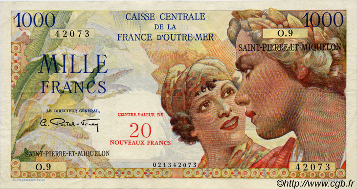20 NF sur 1000 Francs Union Française SAN PEDRO Y MIGUELóN  1960 P.34 MBC+
