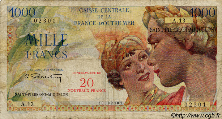 20 NF sur 1000 Francs Union Française SAINT PIERRE AND MIQUELON  1960 P.34 G