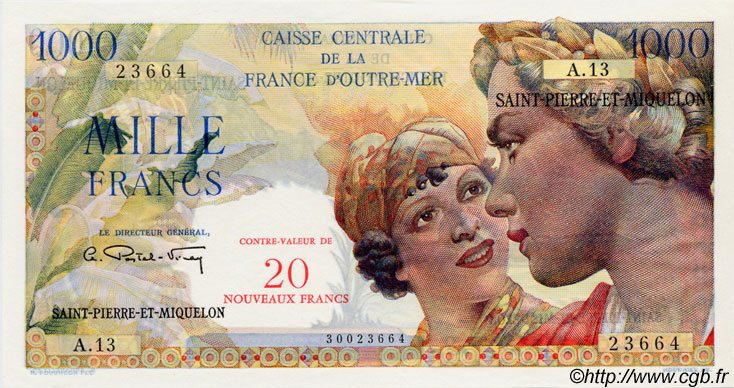 20 NF sur 1000 Francs Union Française SAINT PIERRE E MIQUELON  1960 P.34 FDC