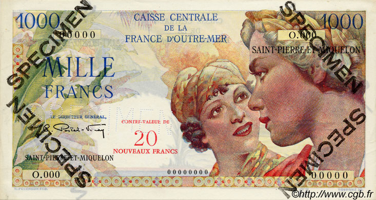20 NF sur 1000 Francs Union Française Spécimen SAINT-PIERRE UND MIQUELON  1960 P.34s fST+