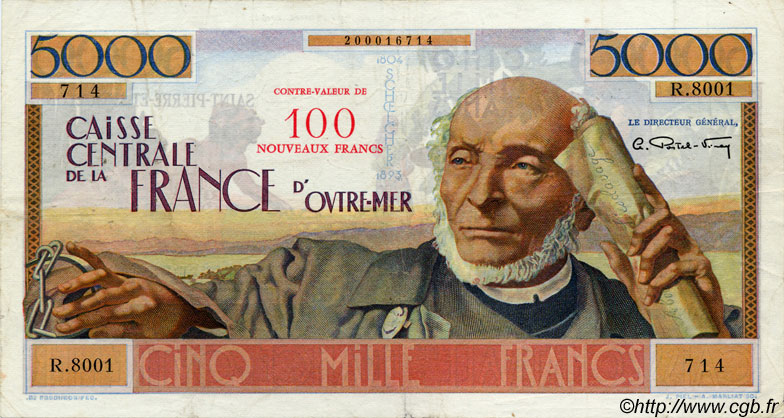 100 NF sur 5000 Francs Schoelcher SAN PEDRO Y MIGUELóN  1960 P.35 MBC