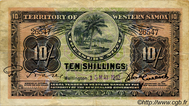 10 Shillings SAMOA  1942 P.07b BC+