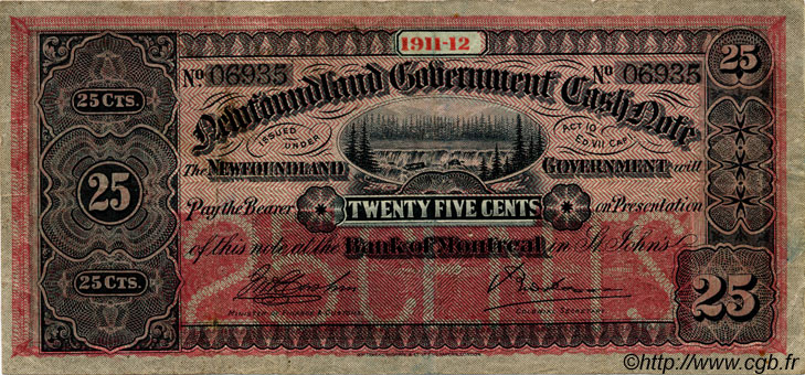 25 Cents NEWFOUNDLAND  1911 P.A09 VF+