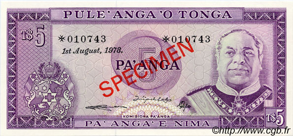 5 Pa anga Spécimen TONGA  1978 P.21s - CS1 FDC