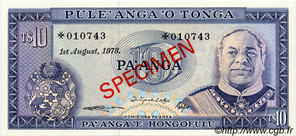 10 Pa anga Spécimen TONGA  1978 P.22s - CS1 UNC-