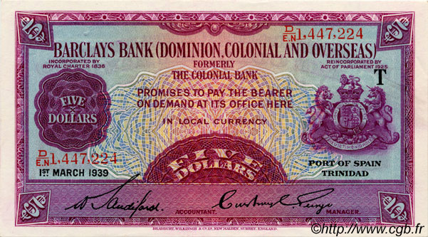 5 Dollars TRINIDAD and TOBAGO  1939 PS.102a XF+
