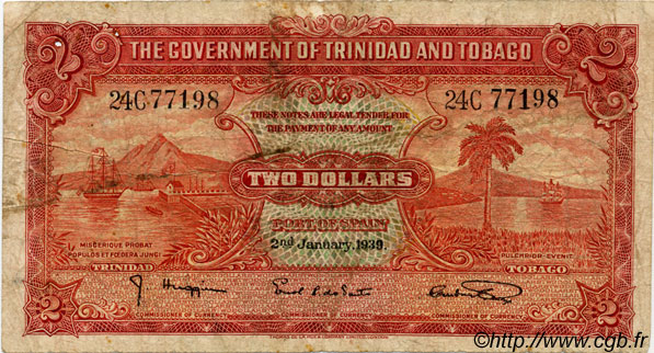 2 Dollars TRINIDAD E TOBAGO  1939 P.06b q.MB