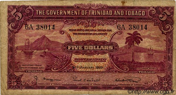 5 Dollars TRINIDAD E TOBAGO  1939 P.07b q.MB