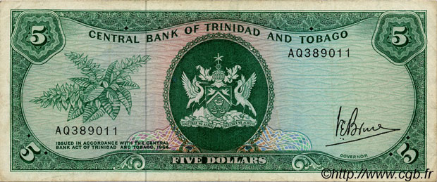 5 Dollars TRINIDAD and TOBAGO  1977 P.31a F+