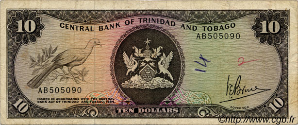 10 Dollars TRINIDAD E TOBAGO  1977 P.32a MB