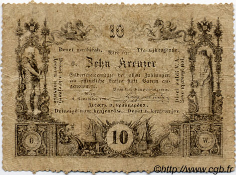 10 Kreuzer AUSTRIA  1860 P.A093b RC+